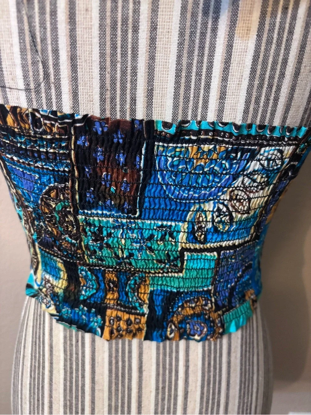 Y2K Halter Crop Top Small WONDER Blue Yellow Patchwork with Button Front - Picture 6 of 14